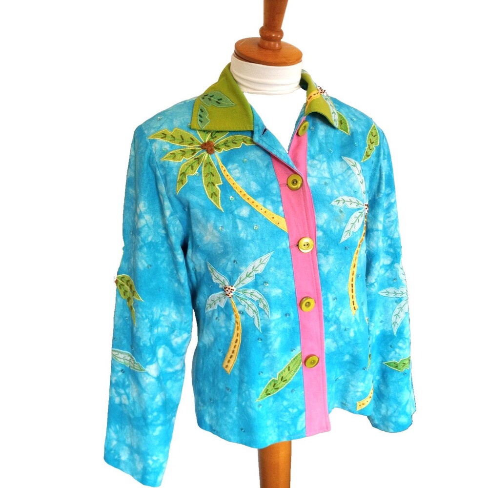 Bala Bala Turquoise Silk Palm Trees , Sequins Long Sleeve Jacket Size Small